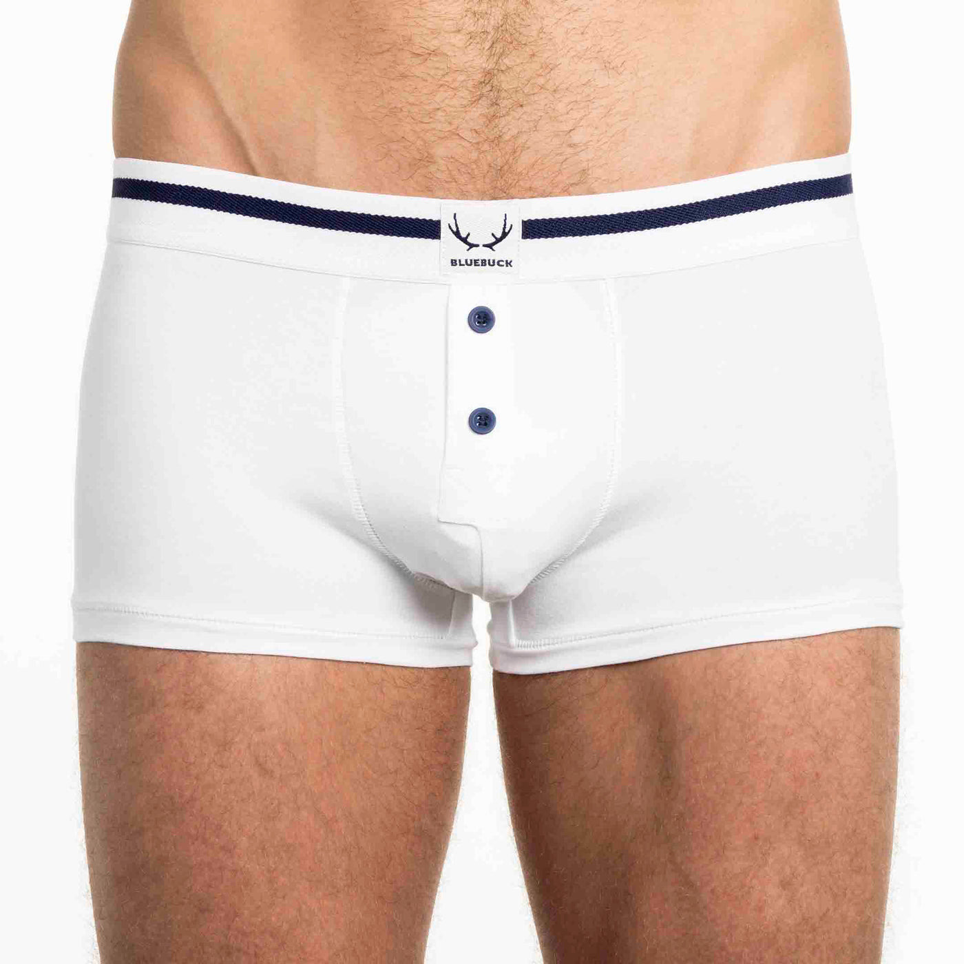 White organic cotton men's trunks with navy buttons