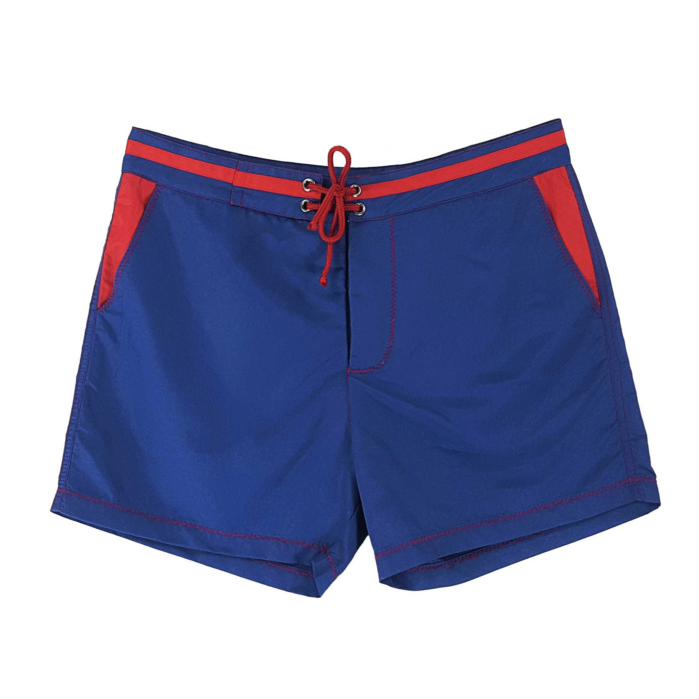 Navy blue men's recycled swim shorts with red details