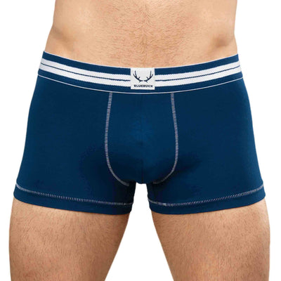 Navy blue organic cotton men's trunks with white stitching