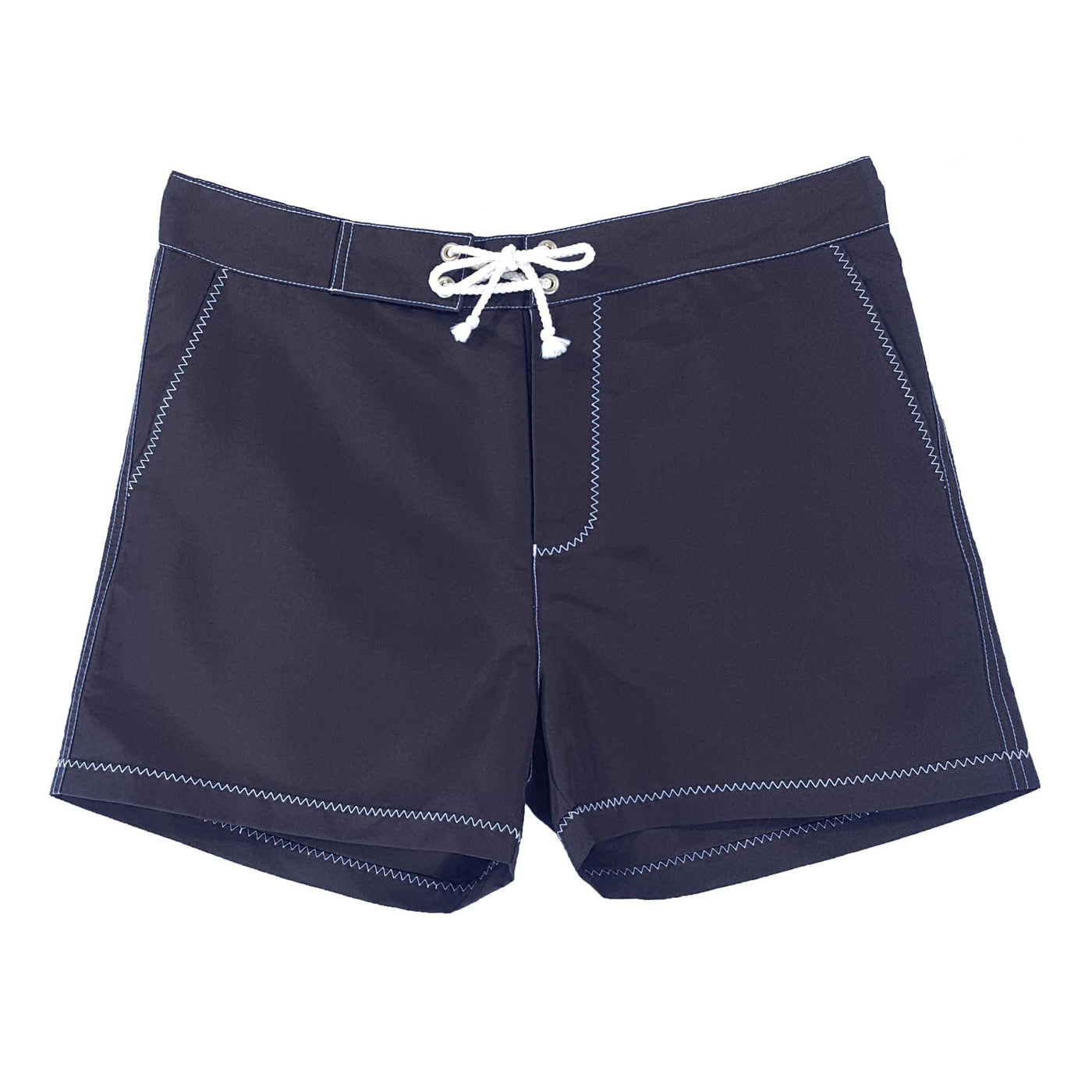 Navy blue recycled swim shorts for men - white stitching