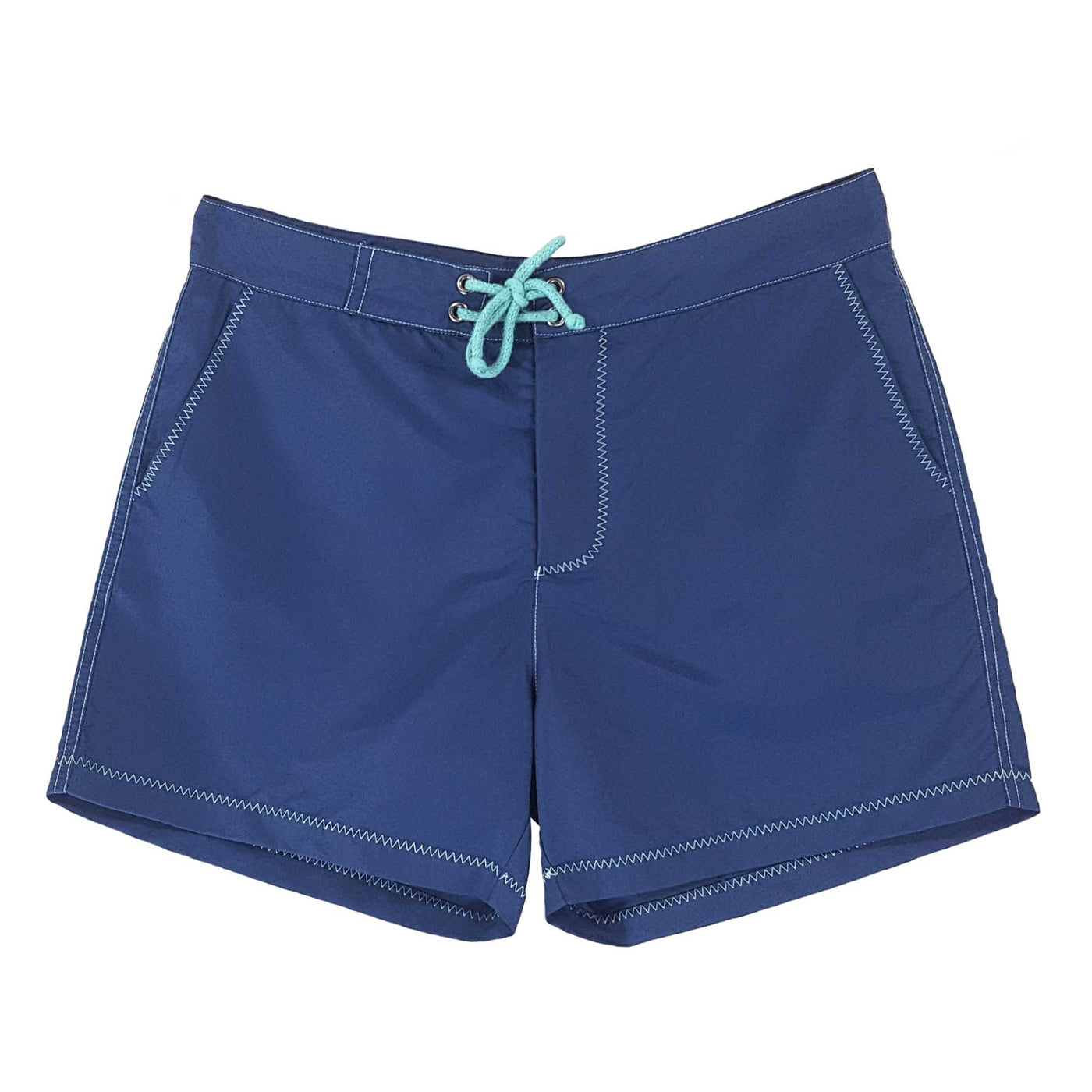 Navy swim shorts with turquoise stitching for men