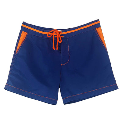 Navy blue recycled swim shorts for men - orange details